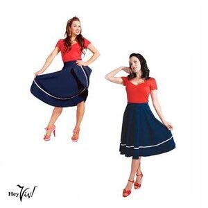 Navy Blue Full Skirt w White Ribbon Trim Retro Style Size XS Waist 26 - Hey Viv